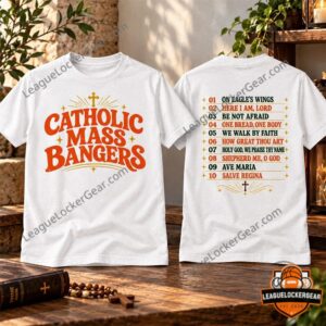 Catholic Mass Bangers Vintage Tracklist T-Shirt - front and back views on white shirts