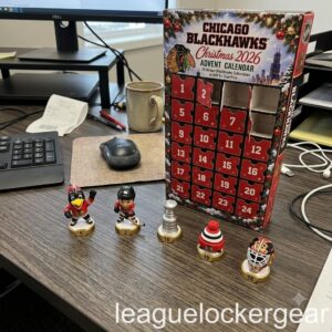 Chicago Blackhawks Christmas 2026 Advent Calendar - box on a desk with Tommy Hawk, a player and the Cup