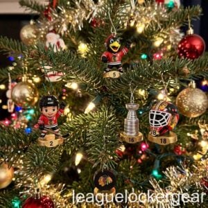Chicago Blackhawks Christmas 2026 Advent Calendar - Tommy Hawk, Cup and goalie mask ornaments on a tree