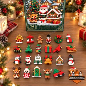 Christmas 2026 Mini Brick Ornament Advent Calendar - colorful brick holiday figures displayed