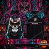 Black Penta Dia de los Muertos T-shirt front and back with neon calavera mask