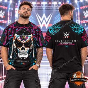 Man wearing the Penta calavera T-shirt, front and back, in a wrestling arena