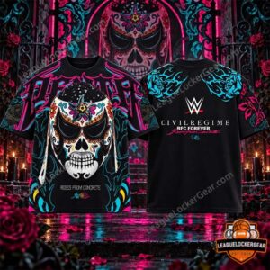 Black Penta Dia de los Muertos T-shirt front and back with neon calavera mask