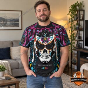 Man wearing the Penta skull mask T-shirt at home