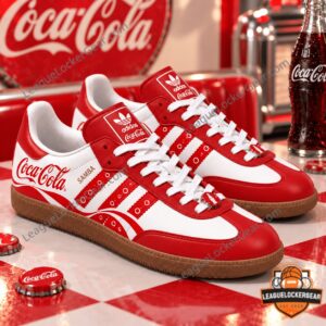 Coca-Cola Adidas Samba Shoes - angled pair view with branded tongues and gum soles