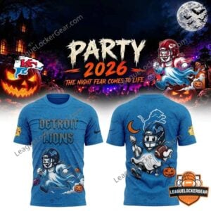 Detroit Lions Halloween Night Party 2026 T-Shirt front and back design view