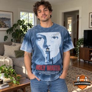 Man wearing the Holy Water poster T-shirt at home