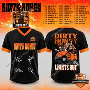Dirty Honey Lights Out Football Jersey - front and back view with band artwork