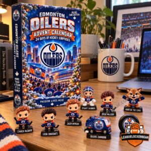 Edmonton Oilers Hockey Surprises Christmas Advent Calendar - box on a desk with figures in front