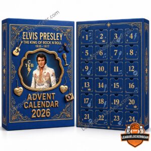 Elvis Presley 2026 King of Rock 'n' Roll Advent Calendar - blue and gold box close-up