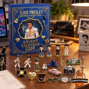 Elvis Presley 2026 King of Rock 'n' Roll Advent Calendar - music-themed collectible ornaments arranged around