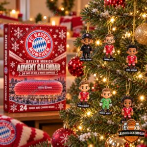Bayern player designs hanging on a Christmas tree beside the calendar