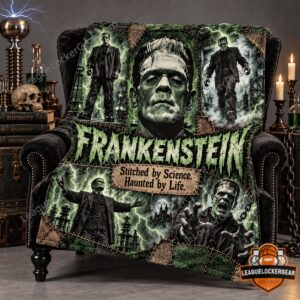 Frankenstein Monster Green Monster Portrait and Lightning Fleece Blanket - central portrait detail