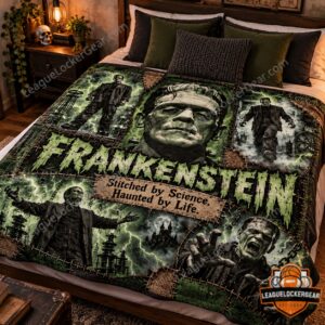 Frankenstein Monster Green Monster Portrait and Lightning Fleece Blanket - lower collage and slogan detail