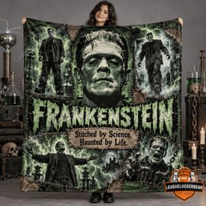 Frankenstein Monster Green Monster Portrait and Lightning Fleece Blanket - full front view