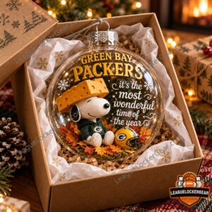 Green Bay Packers Snoopy Christmas Globe Ornament - close-up of raised team lettering and cheese hat