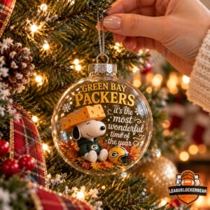 Green Bay Packers Snoopy Christmas Globe Ornament - detailed view of holiday script and snowflakes