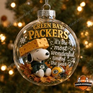 Green Bay Packers Snoopy Christmas Globe Ornament - front view with Snoopy and Packers helmet