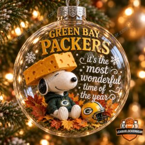 Green Bay Packers Snoopy Christmas Globe Ornament - full round ornament with hanging loop