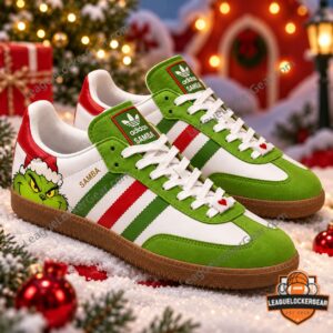 Grinch Christmas 2026 Samba Shoes - angled view showing green overlays and Grinch heel artwork