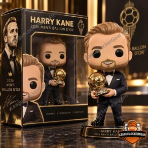 Harry Kane Ballon d'Or figure in a tuxedo beside its black and gold box