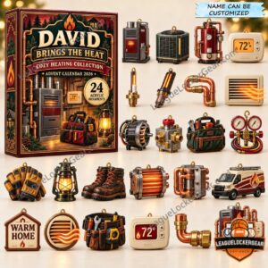 Heating Service 2026 Advent Calendar - box and acrylic ornament designs displayed