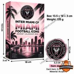 Inter Miami CF advent calendar box sized 13.5 x 18 x 3 cm beside a 3.2 cm crest ornament