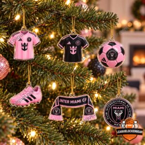 Inter Miami CF pink and black kits, ball, boot, scarf and crest ornaments on a Christmas tree