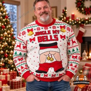 Jingle My Bells Naughty Butt Ugly Christmas Sweater 2026 - close-up of Santa design