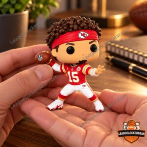 Mahomes figure in red Chiefs uniform and KC headband held in an open hand