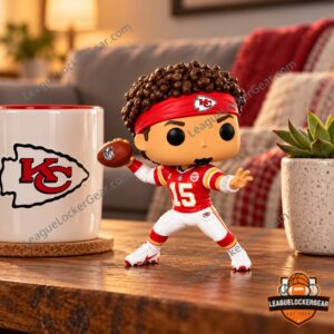 Mahomes 100 wins figure on a wooden side table next to a Kansas City Chiefs mug