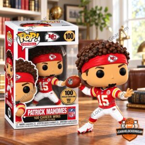 Patrick Mahomes No. 15 figure mid-throw beside its 100 Career Wins window box