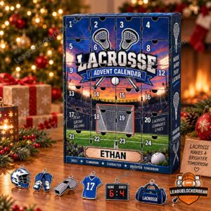 Lacrosse Personalized Advent Calendar 2026 - front view with numbered doors and Ethan nameplate