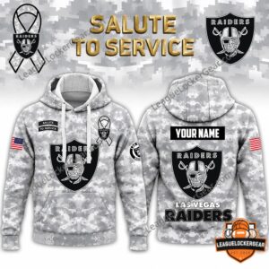 Las Vegas Raiders Salute to Service Personalized Hoodie - front and back views with custom name panel
