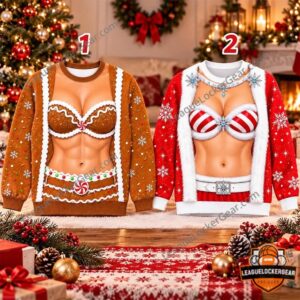 Merrytease Funny Women Bikini Chest Ugly Christmas Sweater - two front designs displayed
