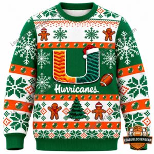 Miami Hurricanes Christmas 2026 Ugly Sweater - close-up of U logo and football design