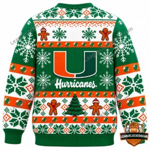 Miami Hurricanes Christmas 2026 Ugly Sweater - full view showing snowflake sleeves