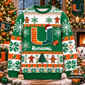 Miami Hurricanes Christmas 2026 Ugly Sweater - front view with holiday graphics
