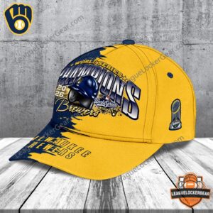 Milwaukee Brewers 2026 World Series Champions Cap - gold side panel and trophy graphic