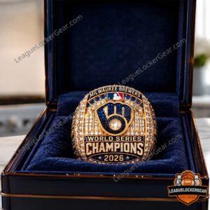 Close-up of the Brewers World Series Champions 2026 ring face in its box