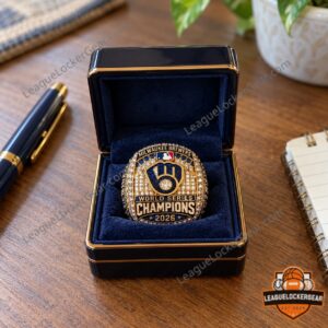 Brewers 2026 World Series Champions ring in an open navy box on a desk