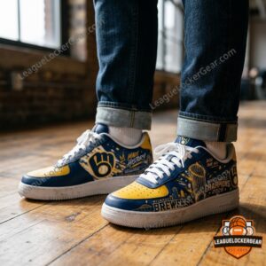 Person wearing the Brewers World Series sneakers with jeans