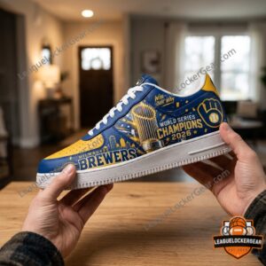 Hand holding a Brewers World Series Champions sneaker