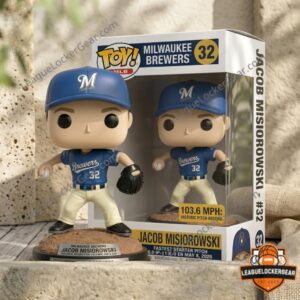 Jacob Misiorowski figure beside its 103.6 MPH Brewers box