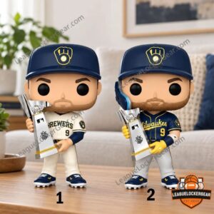 Jake Bauers figures in home white and navy alternate Brewers uniforms with the NLCS MVP trophy