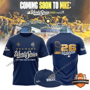 Navy Brewers World Series 2026 T-shirts, front and back, with Coming Soon to MKE artwork