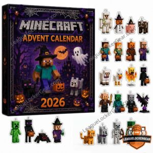 Minecraft Halloween 2026 Advent Calendar - box front with character ornaments arranged around it