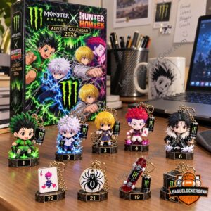 Monster Energy x Hunter x Hunter 2026 Advent Calendar - box on a desk with charms in front