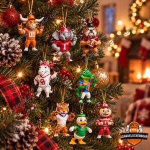 NCAA College Football Mascots 2026 Advent Calendar - mascot ornaments hanging on a tree