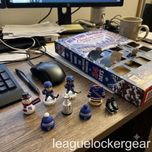New York Rangers Christmas 2026 Advent Calendar - opened box on a desk with players, a snowman and the Cup